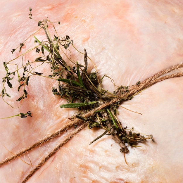 Close-up tied up turkey with herbs