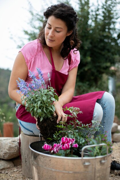 Close up on transplanting process of plants