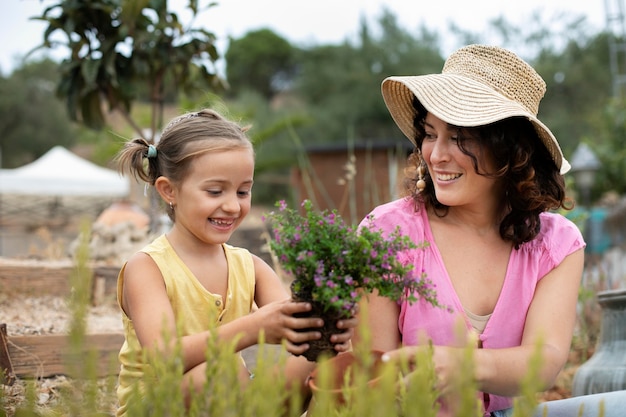 Close up on transplanting process of plants