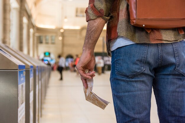 Close-up traveler at subway