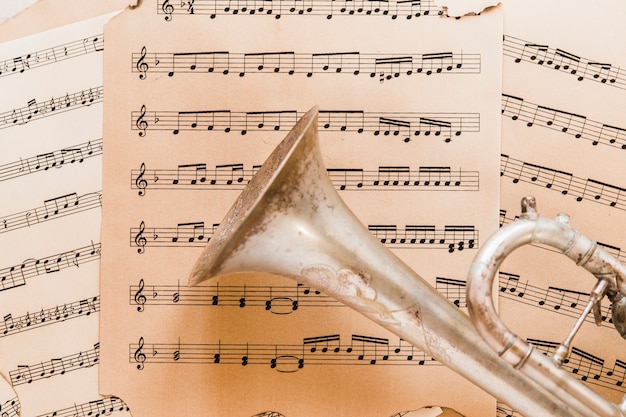 Close-up trumpet on sheet music