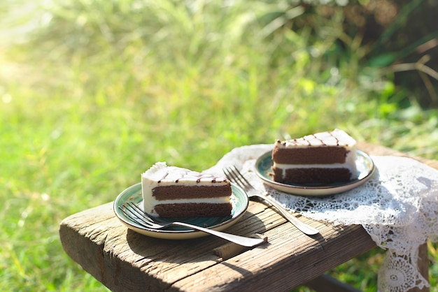 Free Photo close-up of two plates with a piece of cake