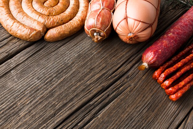 Close-up variety of delicious pork meat on the table