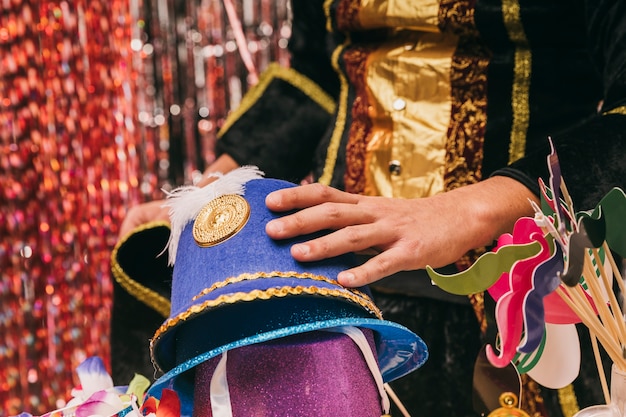 Close-up variety of hats for carnival party