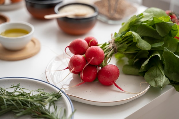 Close up on vegetables in kitchen