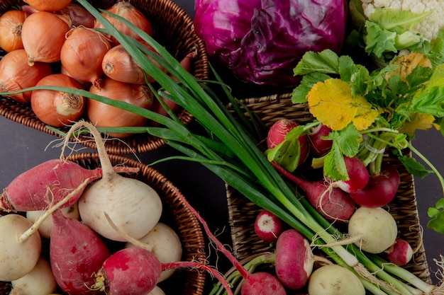 Close-up view of baskets and plate of vegetables as onion radish scallion and cabbage on maroon background