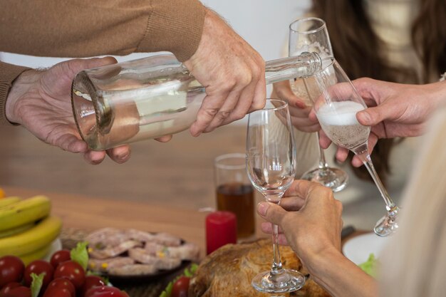 Close-up view of champagne and glass