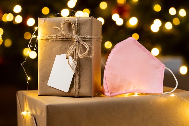 Close-up view of christmas gifts concept