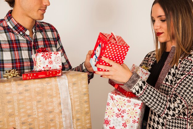 Close up view of couple with presents