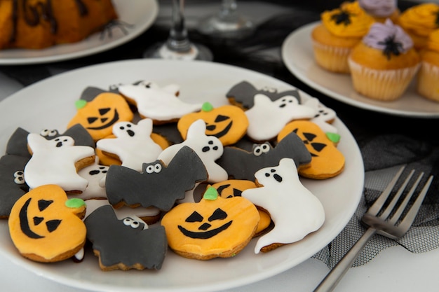 Close-up view of delicious halloween cookies