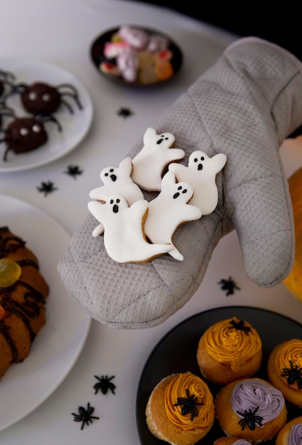 Close-up view of delicious halloween cookies