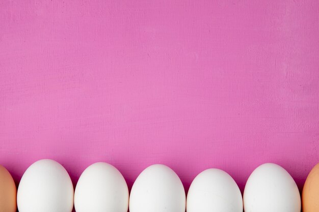 Close-up view of eggs on purple background with copy space