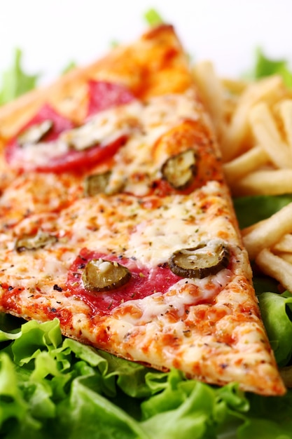 Close up view of fresh pizza with french fries