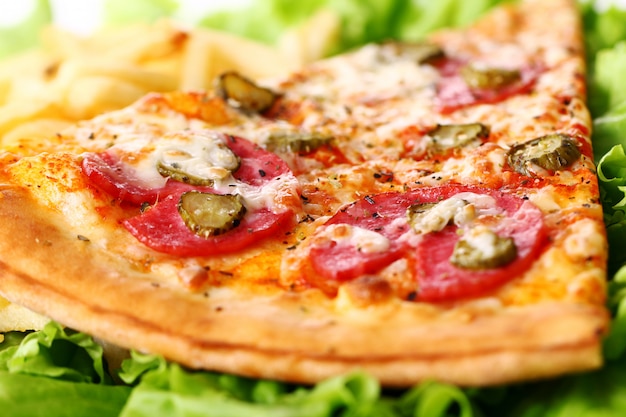 Close up view of fresh pizza with french fries