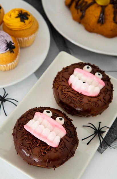 Close-up view of halloween donuts concept