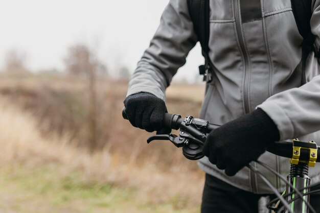 Close-up view of man with handle bar