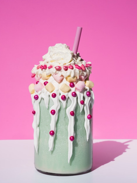 Close-up view of a milkshake with marshmallow