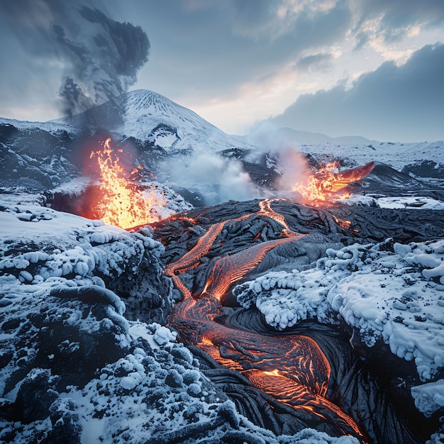 Free photo close-up view of molten lava erupting from an active volcano