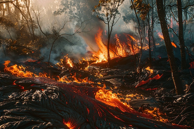 Free photo close-up view of molten lava erupting from an active volcano