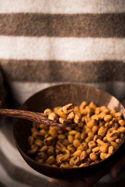 Close-up view of peanuts in bowl