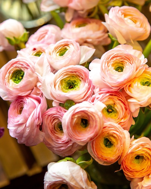 Close up view of pink ranunculus flowers bouquet