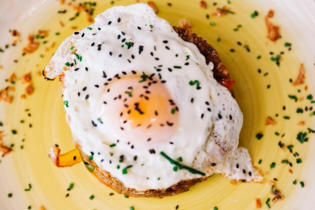 Close up view of rice dish with egg