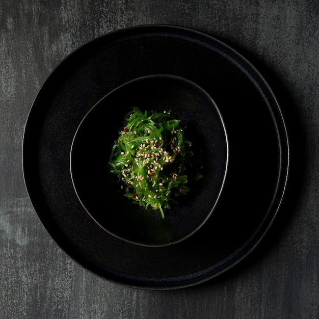 Close-up view of seaweed salad