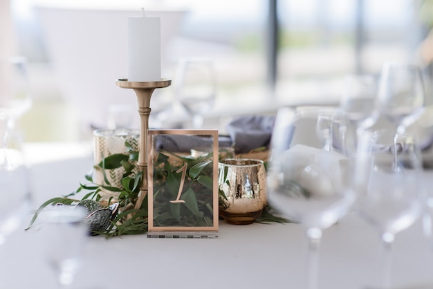 Close up view of serving wedding table in the restaurant