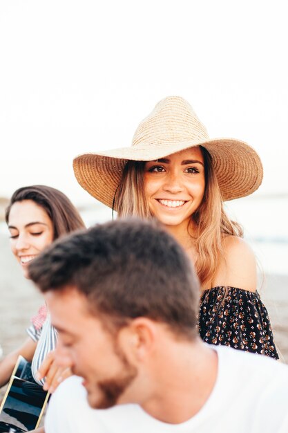 Free photo close up view of three friends at the beach