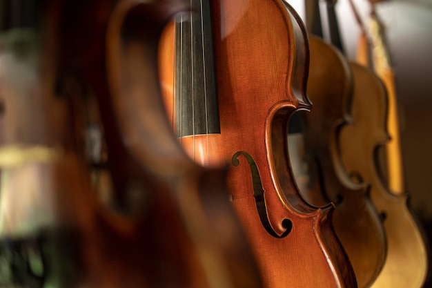 Free photo close up view of violins music instrument