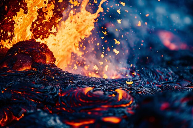 Close-up view of volcano erupting with hot lava