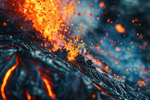 Close-up view of volcano erupting with hot lava