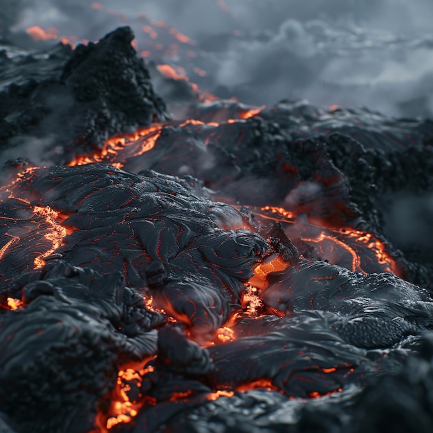 Close-up view of volcano erupting with hot lava