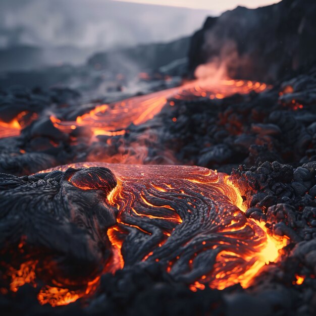 Close-up view of volcano erupting with hot lava