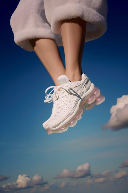 Close up on white futuristic sneakers