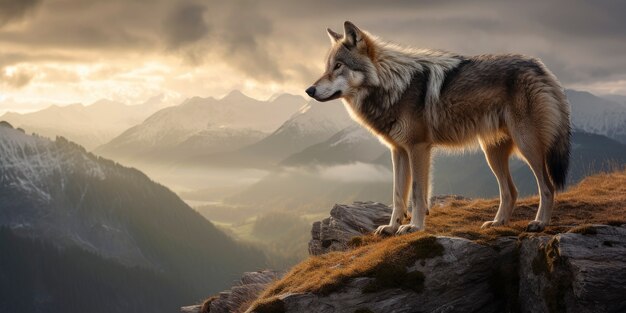 Close up on wolf on top of mountain