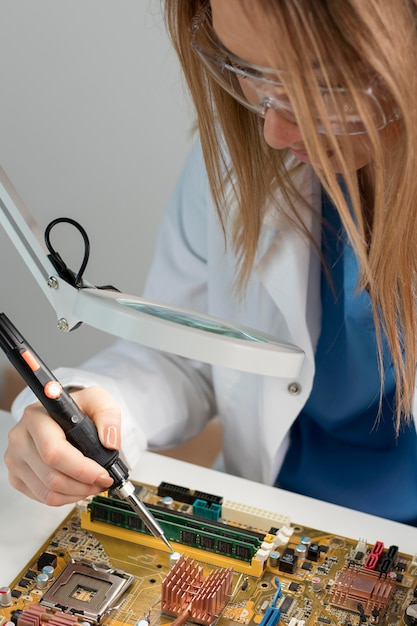 Free photo close up woman doing research in technology