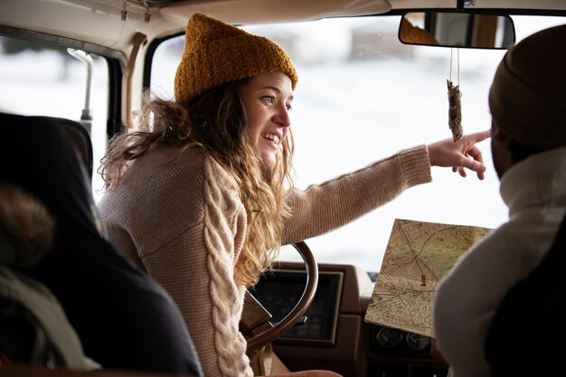 Close up woman driving campervan