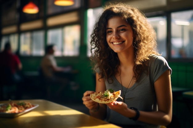 Close up on woman eating delicious taco