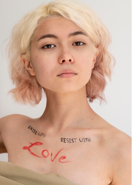 Close up on woman expressing revolution message