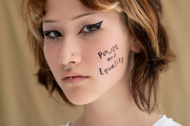 Close up on woman expressing revolution message