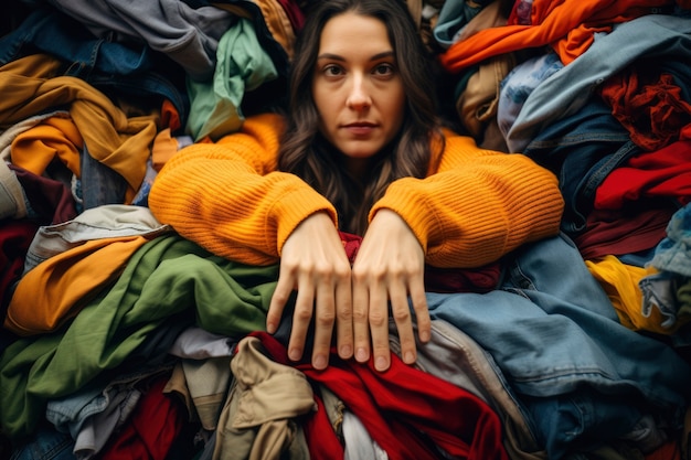 Free photo close up on woman in front of clothing pile