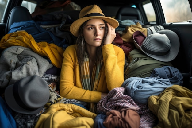 Free photo close up on woman in front of clothing pile