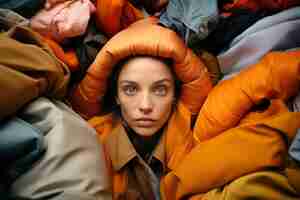 Free photo close up on woman in front of clothing pile