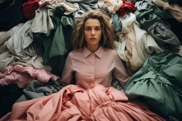 Free Photo close up on woman in front of clothing pile