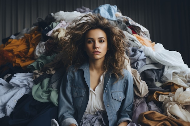 Close up on woman in front of clothing pile