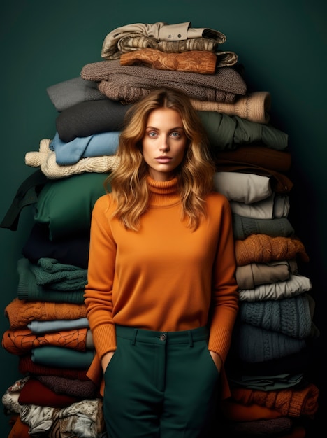 Free photo close up on woman in front of clothing piles