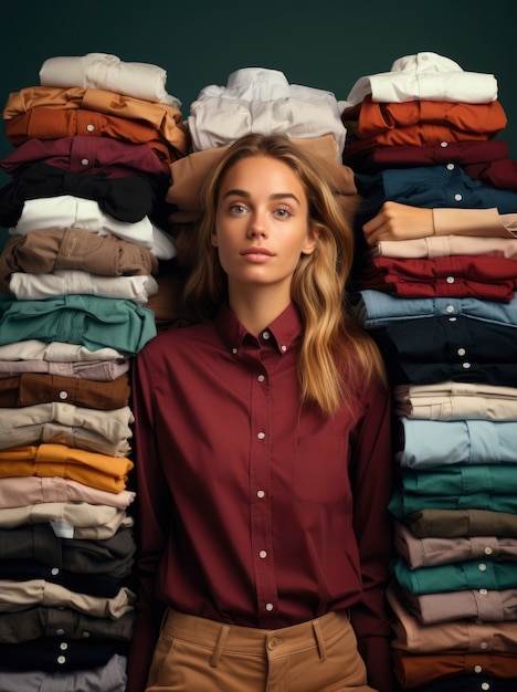 Free Photo close up on woman in front of clothing piles