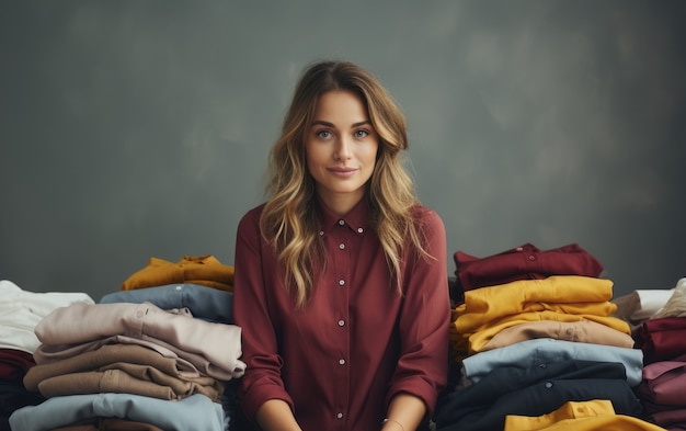 Free photo close up on woman in front of clothing piles