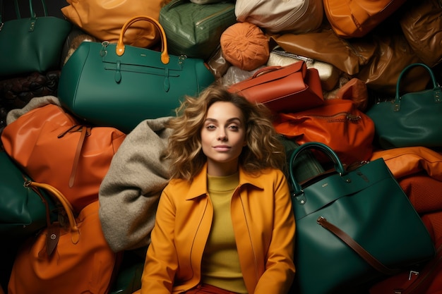 Free photo close up on woman in front of clothing piles